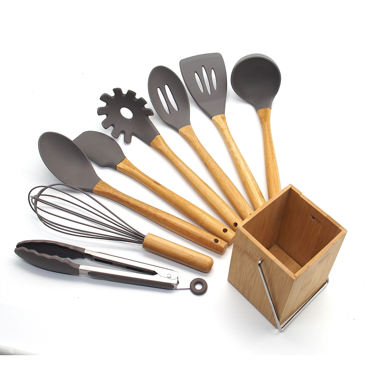 Amazon new bamboo handle silicone kitchen suits with titanium suitable shovel spoon kitchenware barrels of cooking tools